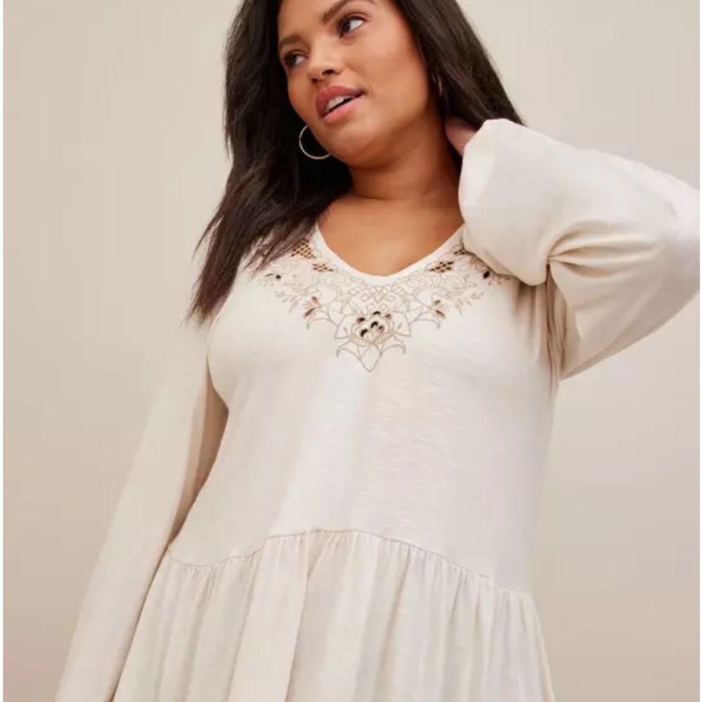 Torrid- Cream Embroidered Long Sleeve Top